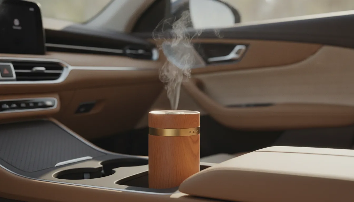 Wooden and metal refillable car freshener in a modern car interior