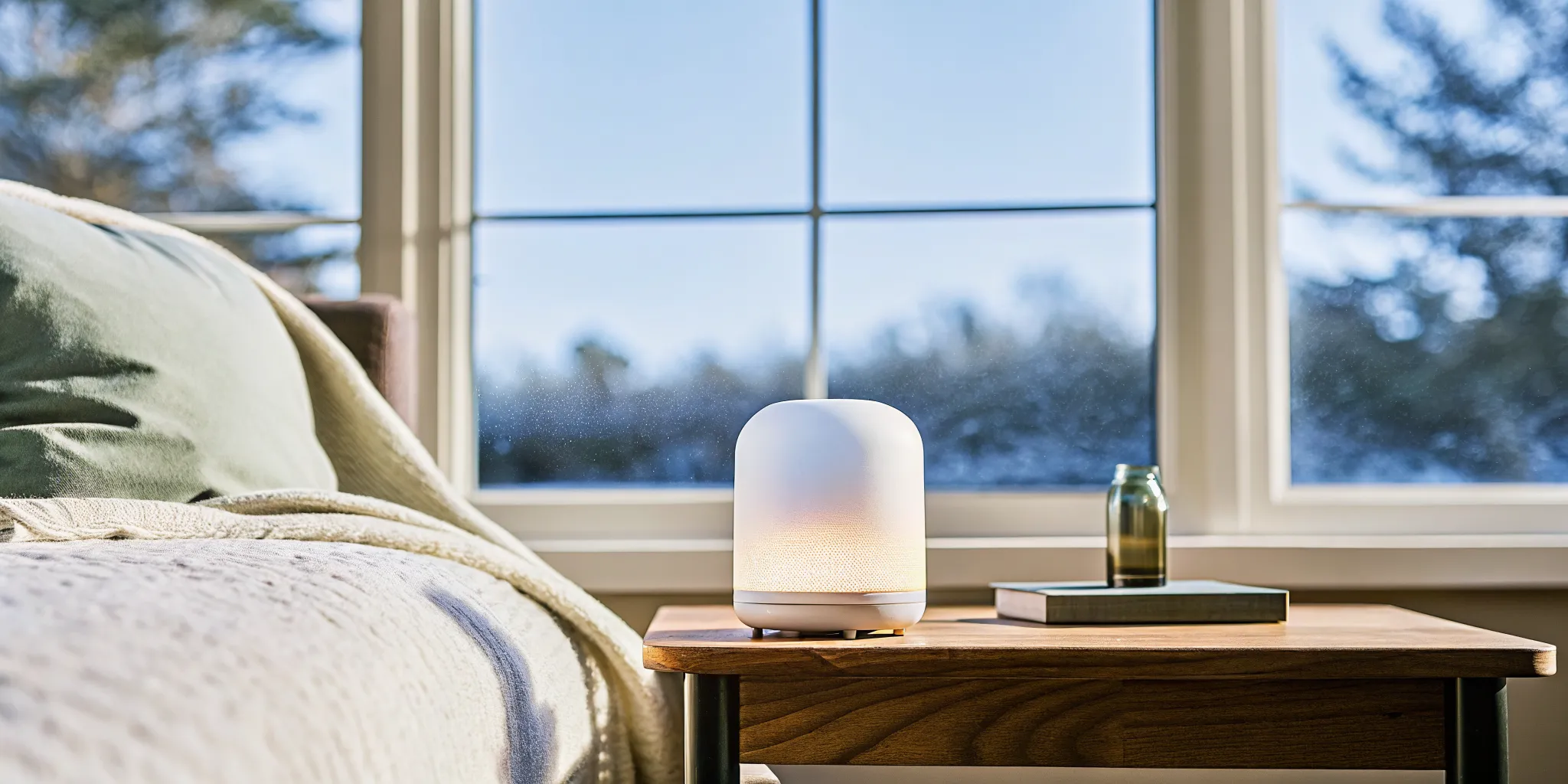 Modern home diffuser on a coffee table in a cozy living room with candle and soft natural light, peaceful seasonal atmosphere