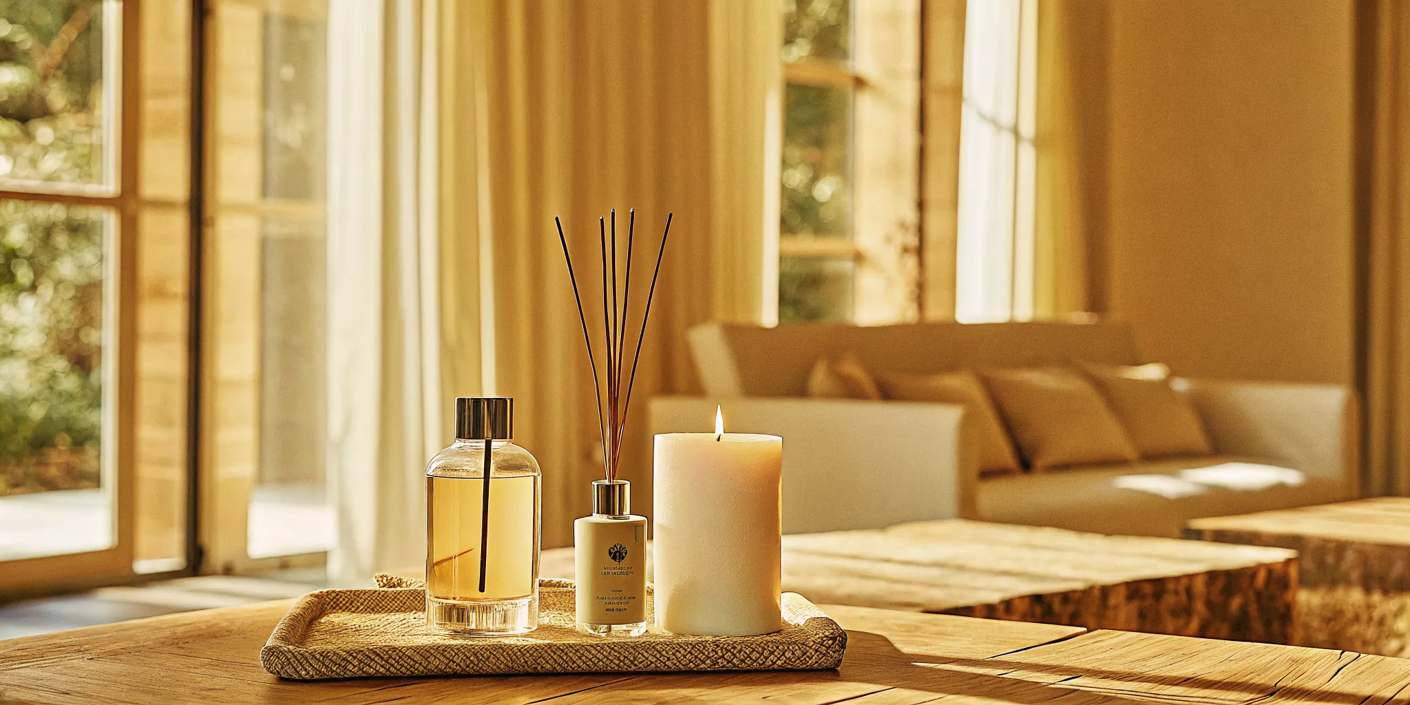 Luxury home fragrance formats arranged in a modern living room