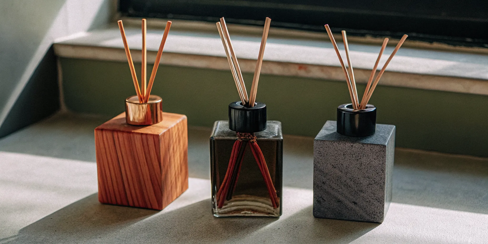 Natural wood, metal, and stone car fragrance diffuser materials