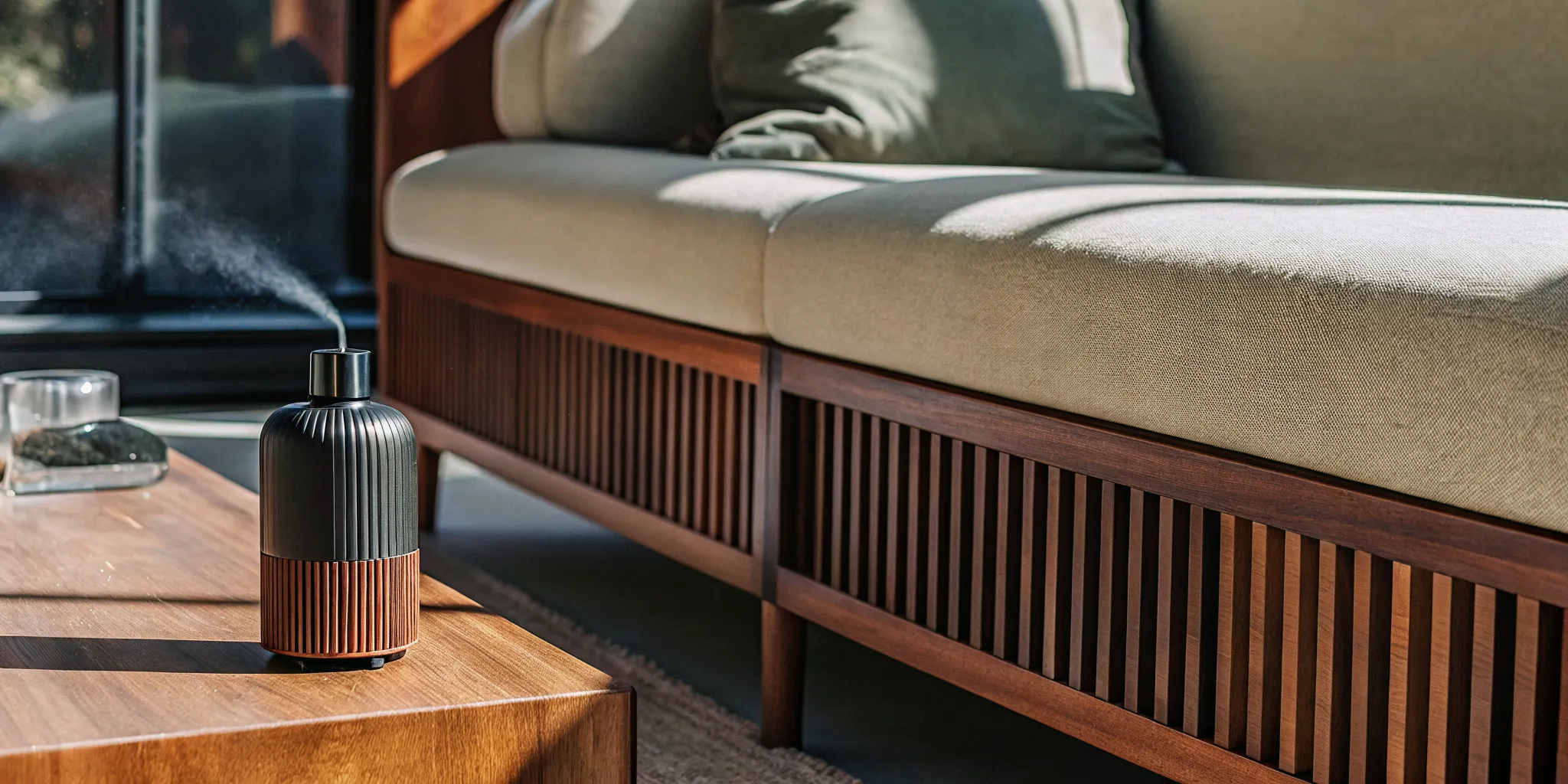 Room spray and home diffuser styled in a modern living room