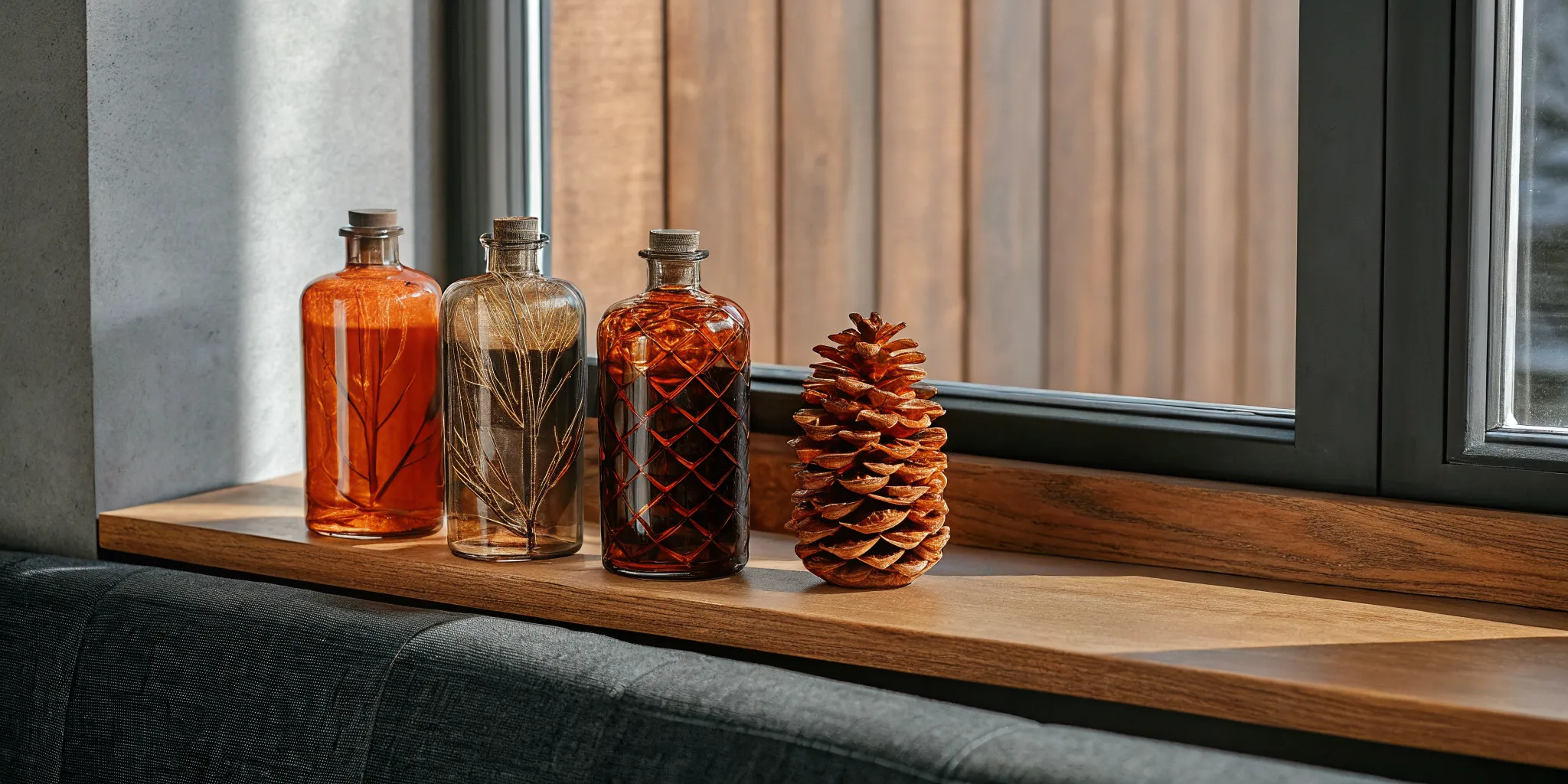 Four glass fragrance bottles on a wooden shelf representing spring, summer, fall, and winter seasonal scents in minimalist home decor