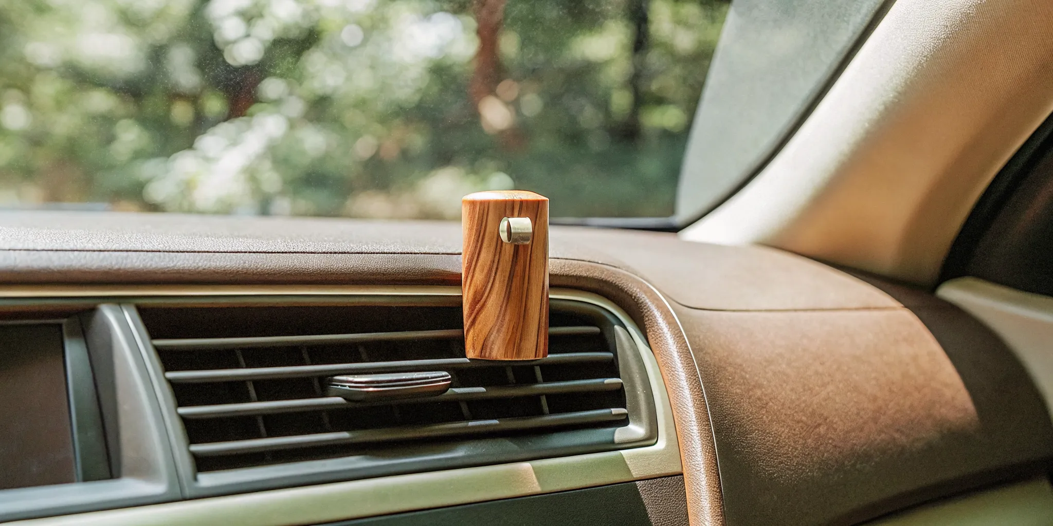 Natural wood car freshener in a modern vehicle interior