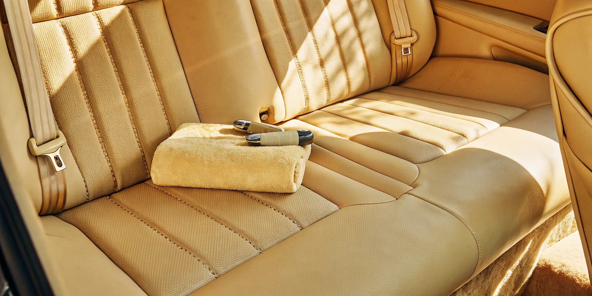 Clean modern car prepared for a pet ride with a washable blanket and cleaning kit