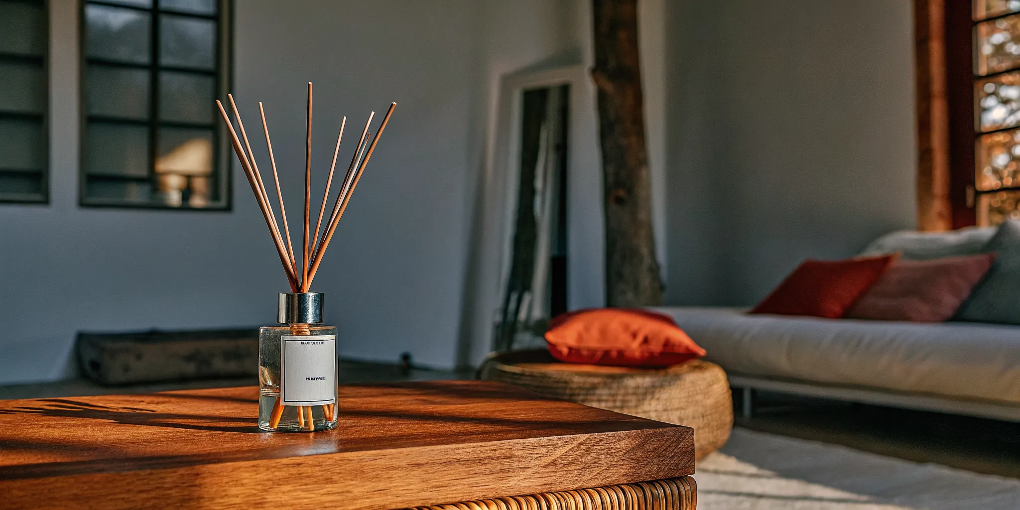 Reed diffuser on a wood table in a warm minimalist living room