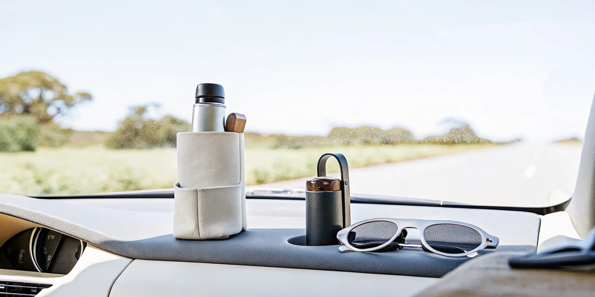 Design-conscious road trip essentials arranged in a modern car