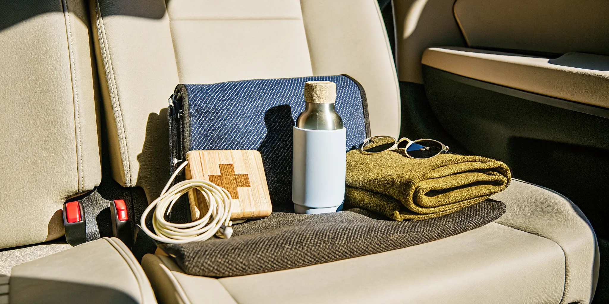 Compact road trip essentials kit with safety and comfort items