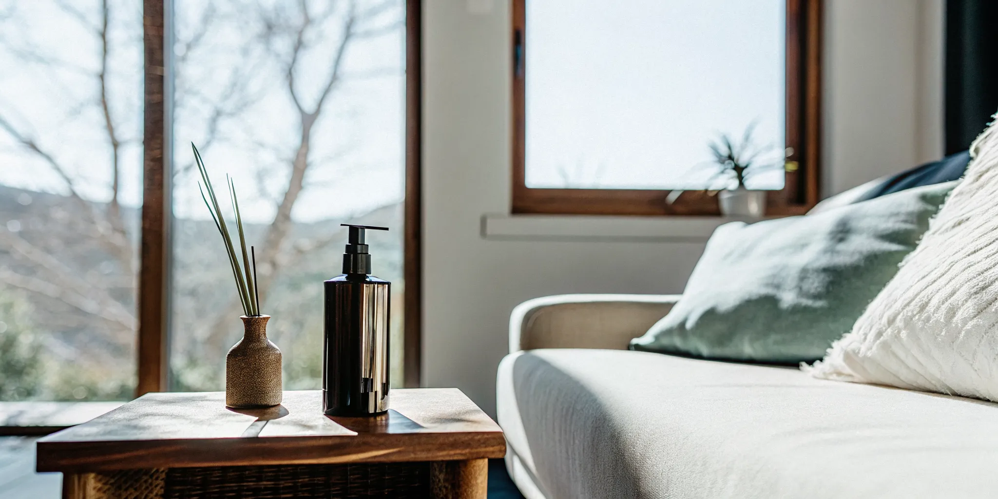 Room spray styled on a pale wood table in a modern living room