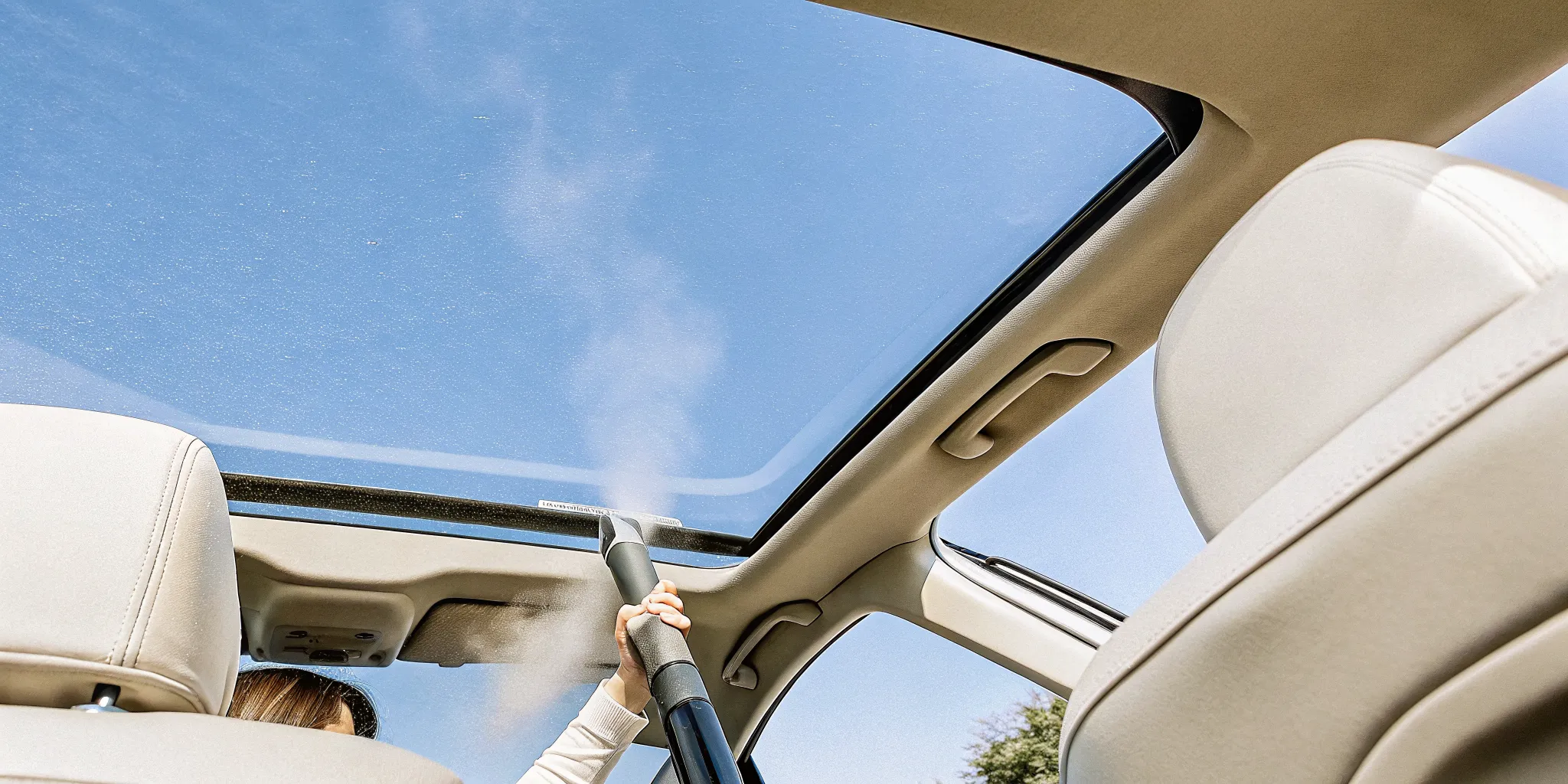 Vacuuming a modern car interior before adding a car freshener for smokers