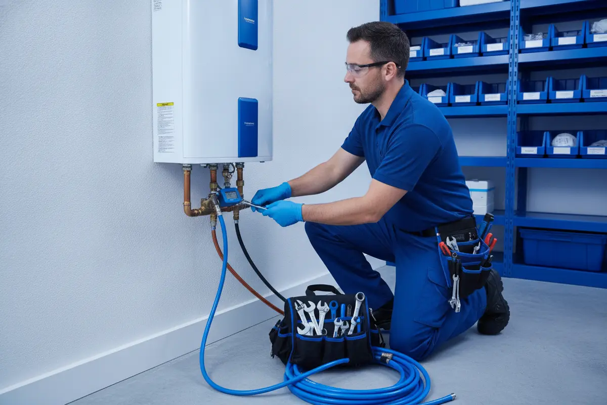 A licensed plumber evaluating a wall-mounted tankless water heater