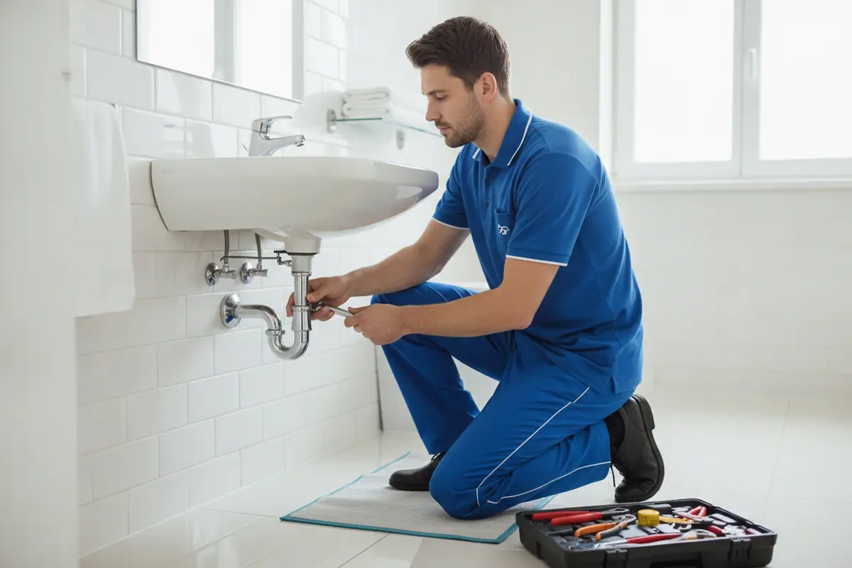 A plumber assesses a bathroom sink drain during a professional service visit