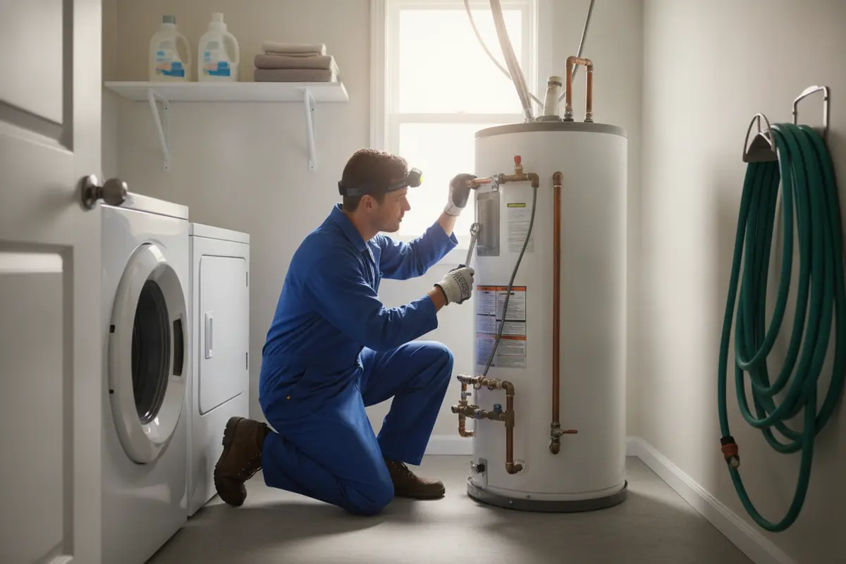 A plumbing professional inspecting a conventional tank water heater in a home utility room