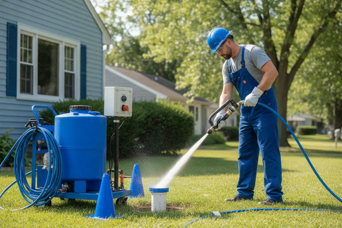 A plumbing professional performs hydro jetting at a residential sewer cleanout