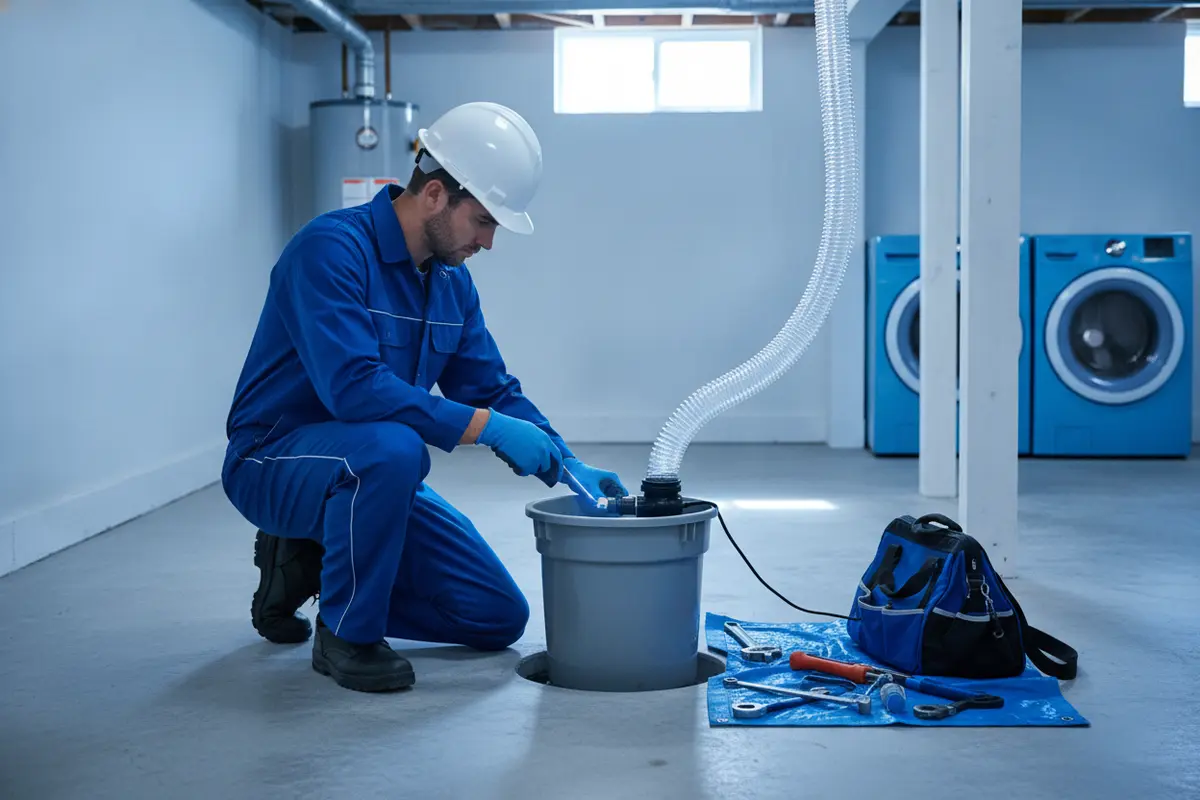 A plumbing technician evaluates a sump pump and discharge piping in a Troy basement