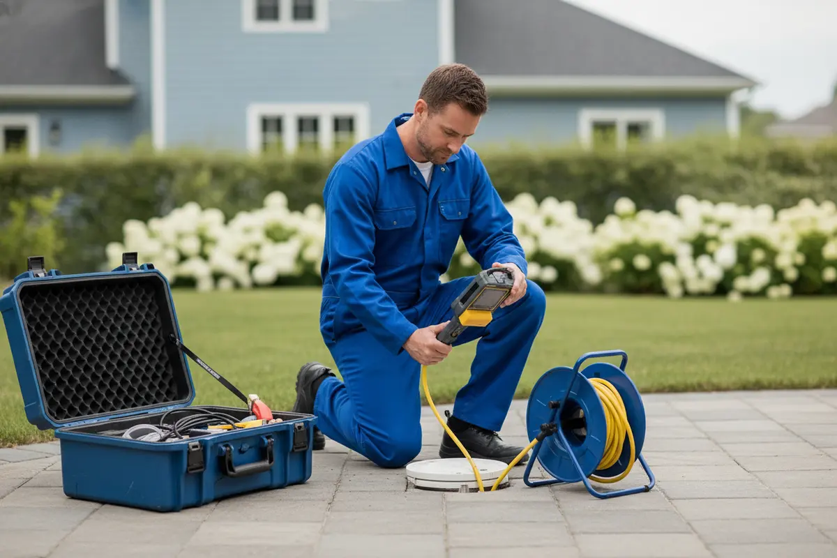 A uniformed plumber uses professional camera equipment to inspect a residential sewer pipe