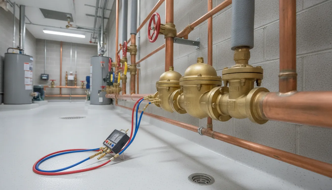 Commercial brass backflow prevention assembly ready for testing