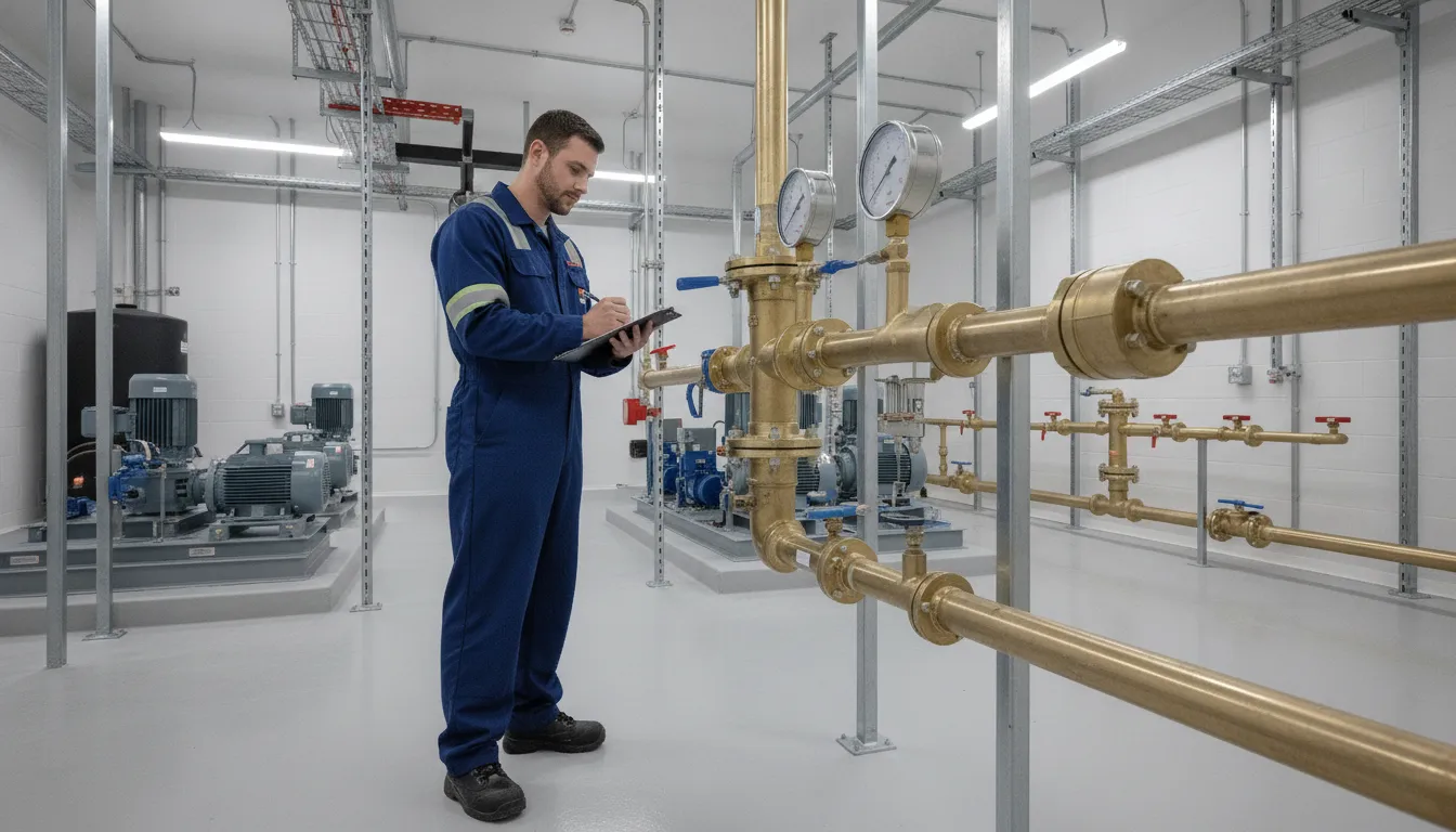 Plumber conducting commercial backflow preventer testing with pressure gauges