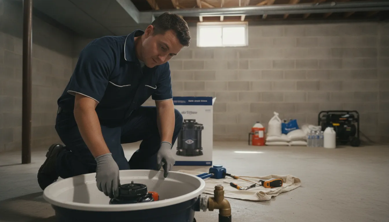 Plumber evaluating basement backup protection equipment