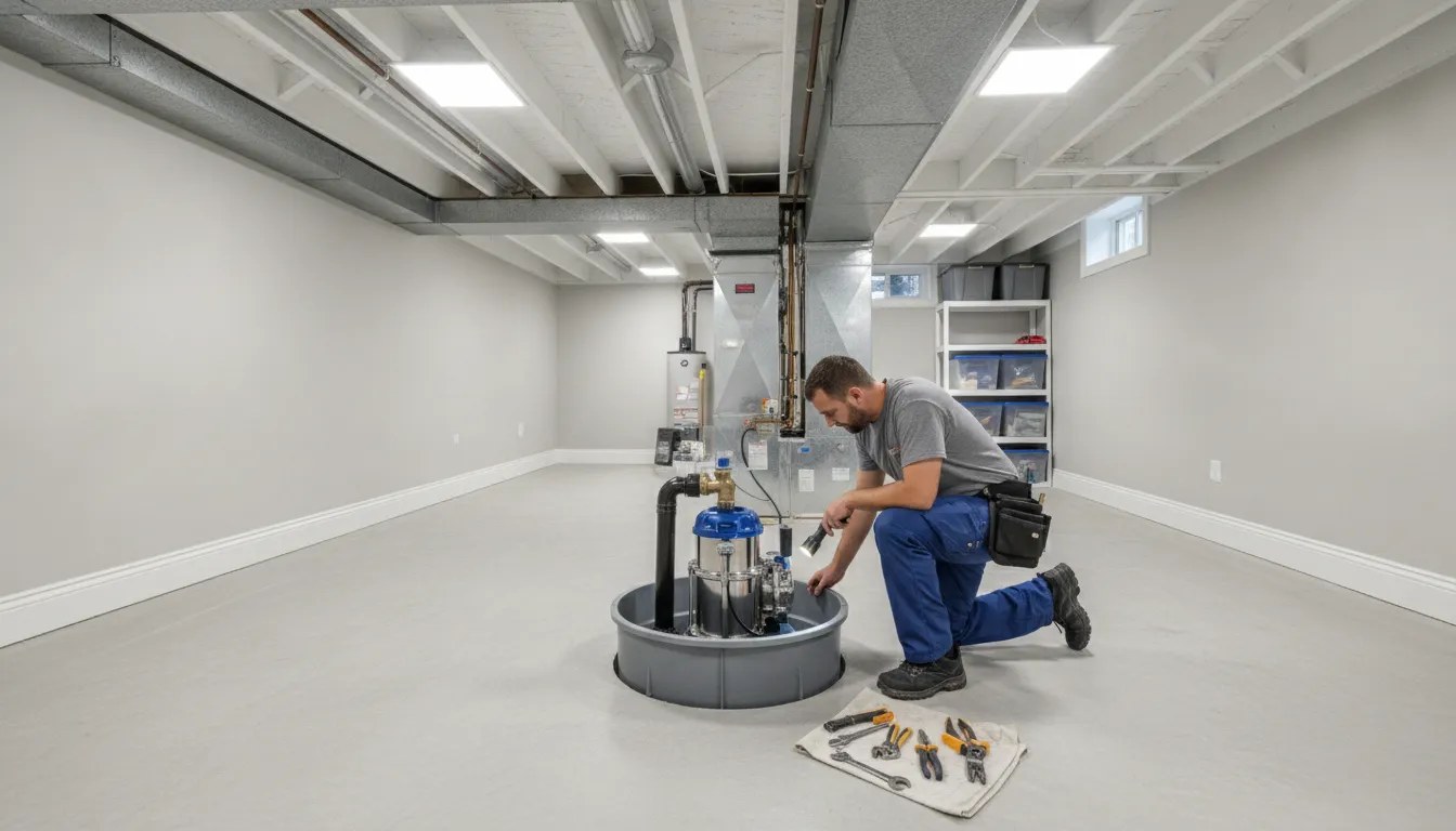 Professional assessing the cost to install sump pump equipment in a basement
