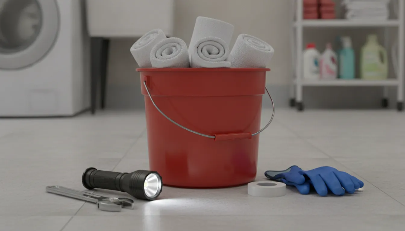 Plumbing emergency kit with towels bucket flashlight gloves and wrench