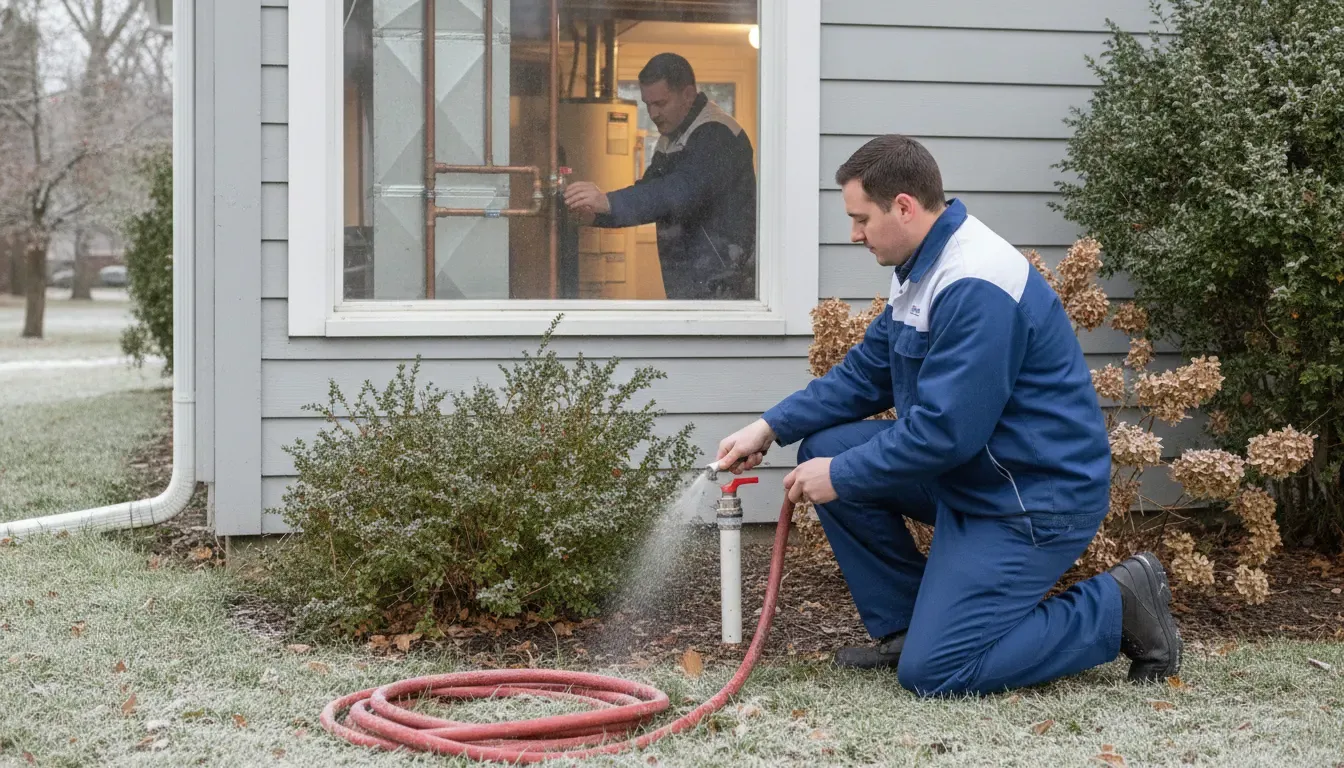 Plumber winterizing an exterior hose connection at an Ann Arbor home