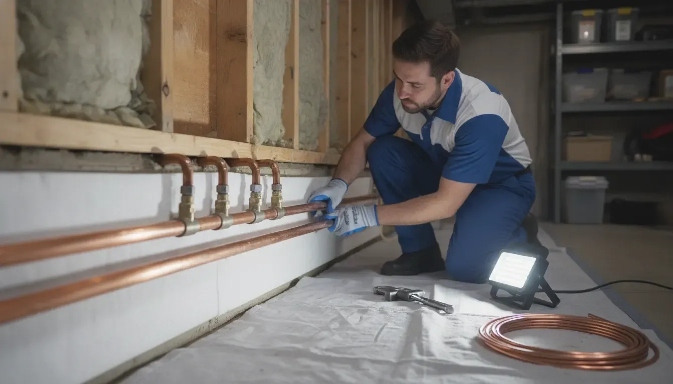 Plumber assessing continuous pipe insulation near an Ann Arbor basement rim joist