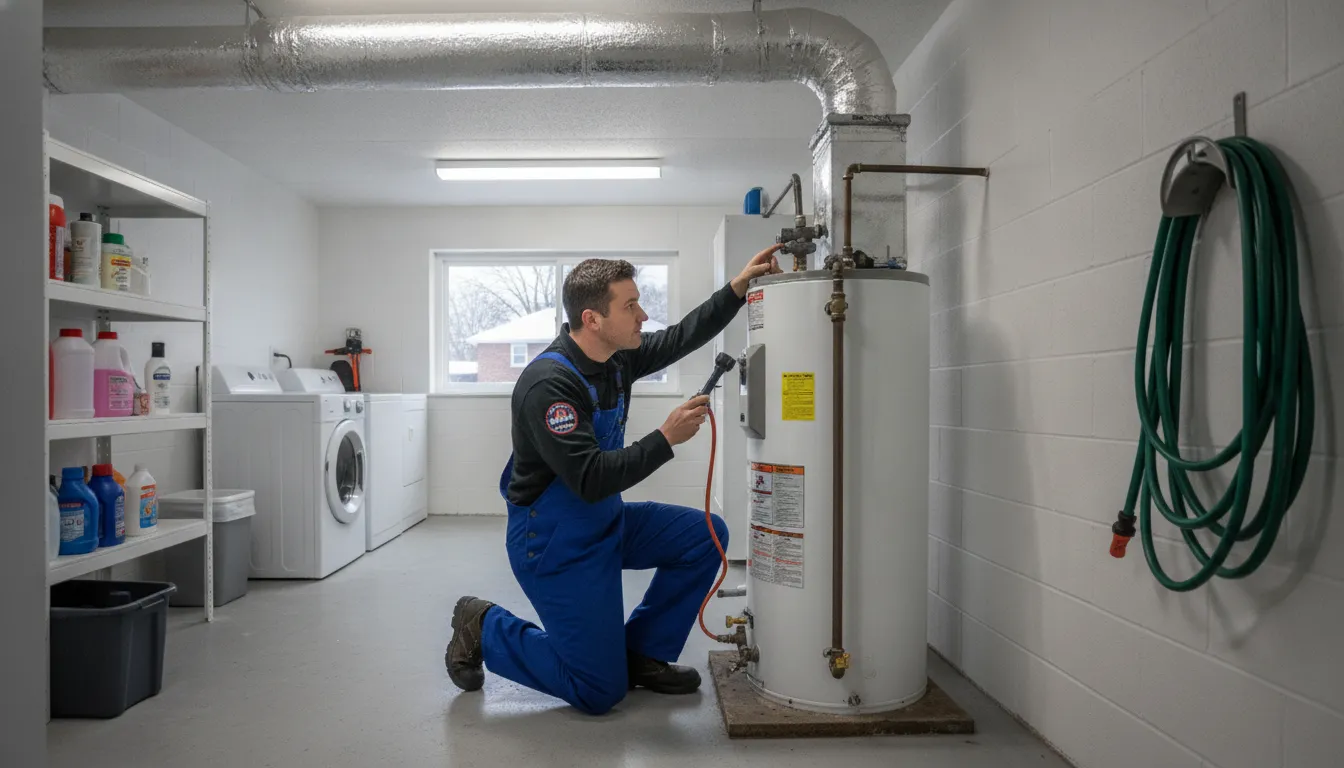 Plumber inspecting a residential tank water heater for repair