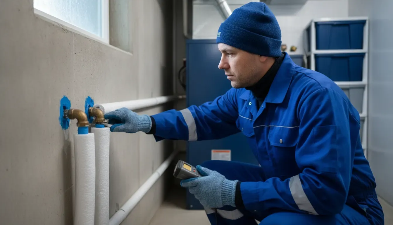 Plumber evaluating insulated pipes along an exterior wall in a Birmingham Michigan utility area