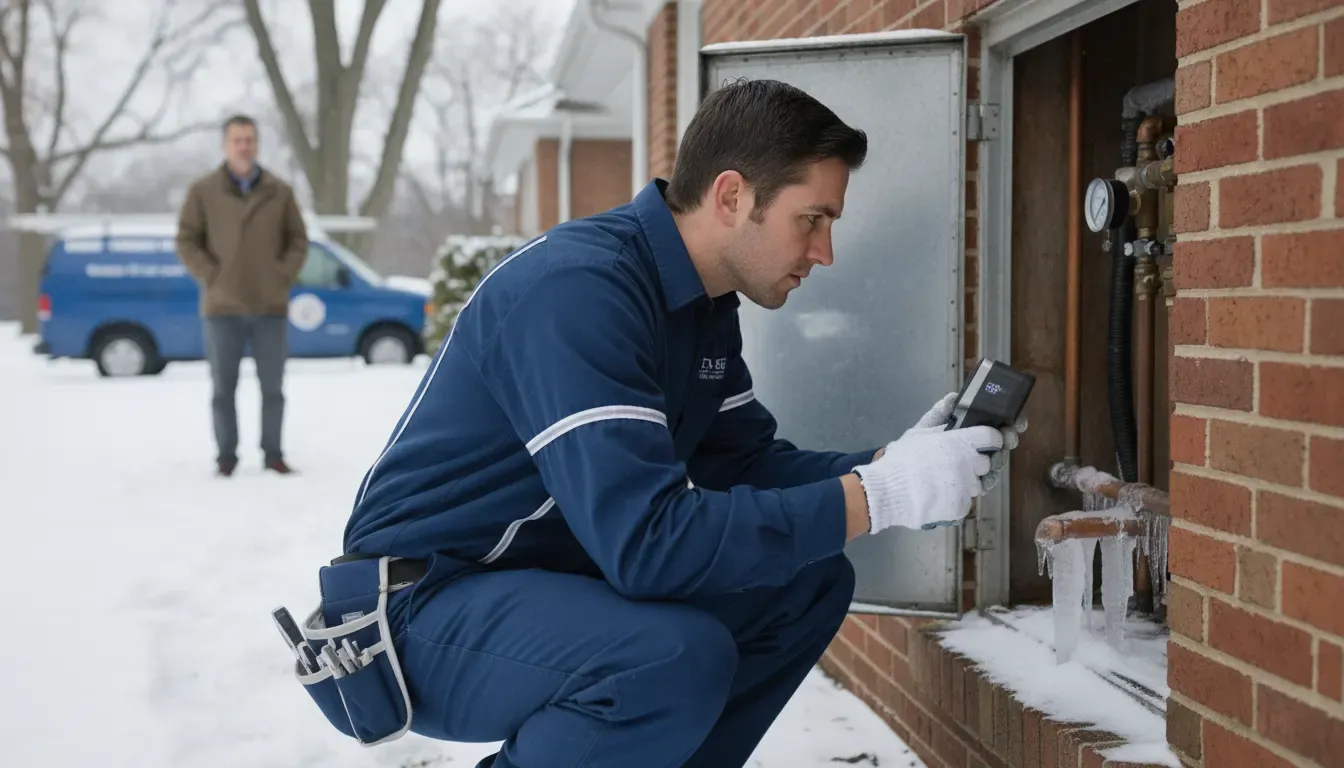 Professional plumber assessing an exterior water line during a Birmingham Michigan winter