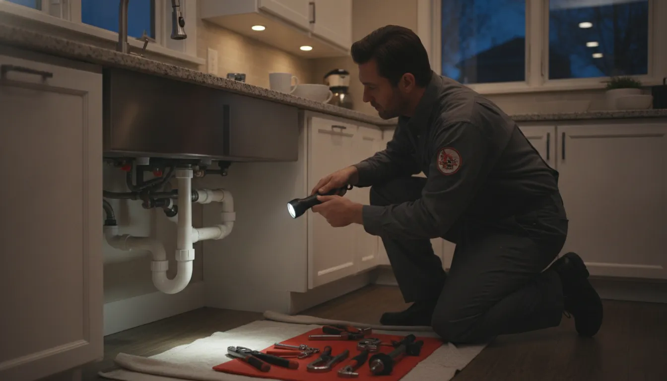 Licensed no overtime plumber inspecting pipes in a Metro Detroit home