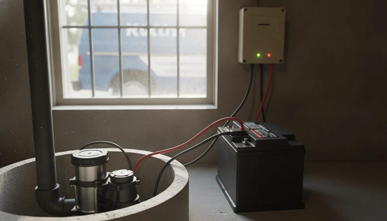 Battery backup and charger beside a sump pump pit in a basement