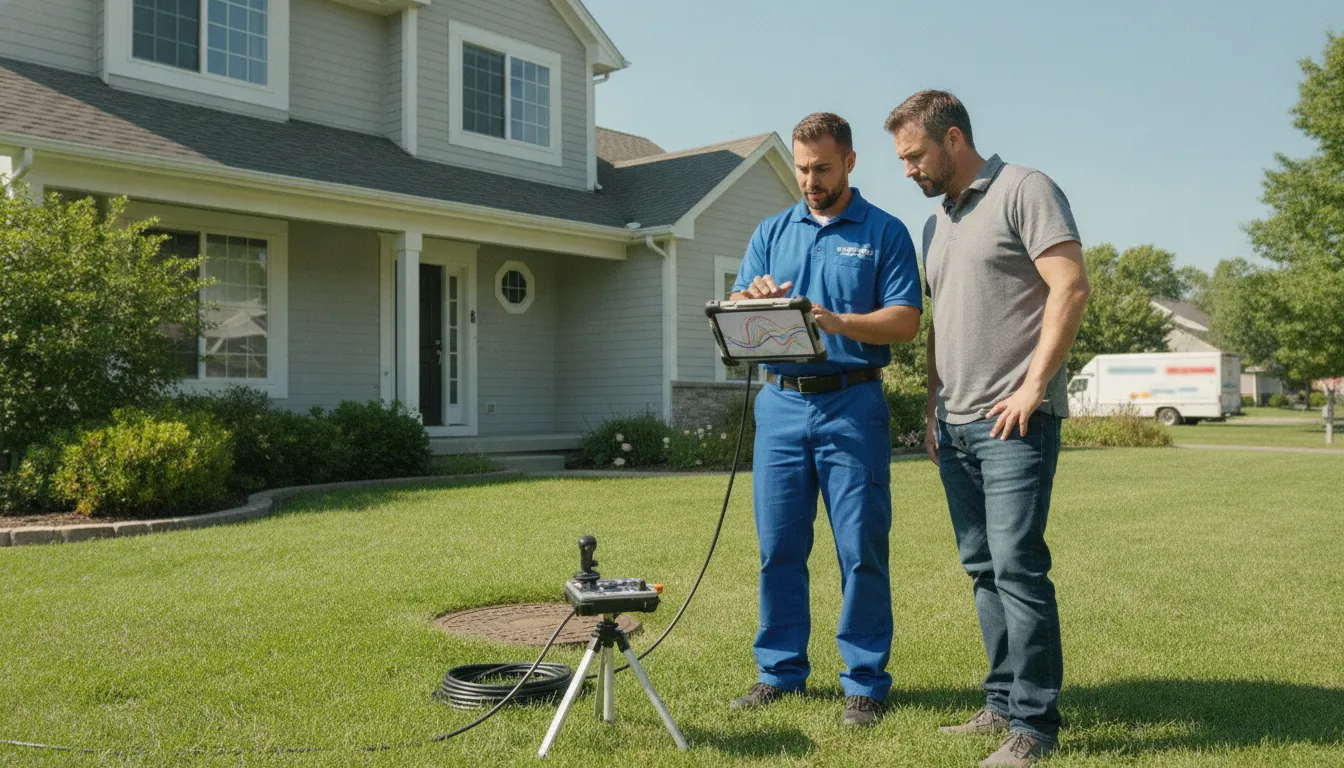 Plumber reviewing sewer camera findings with an Allen Park homeowner