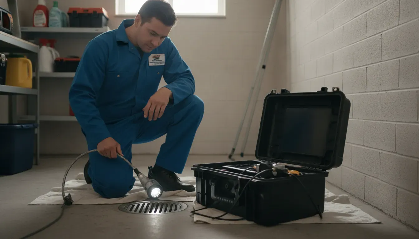 Plumber inspecting a residential drain with professional diagnostic equipment