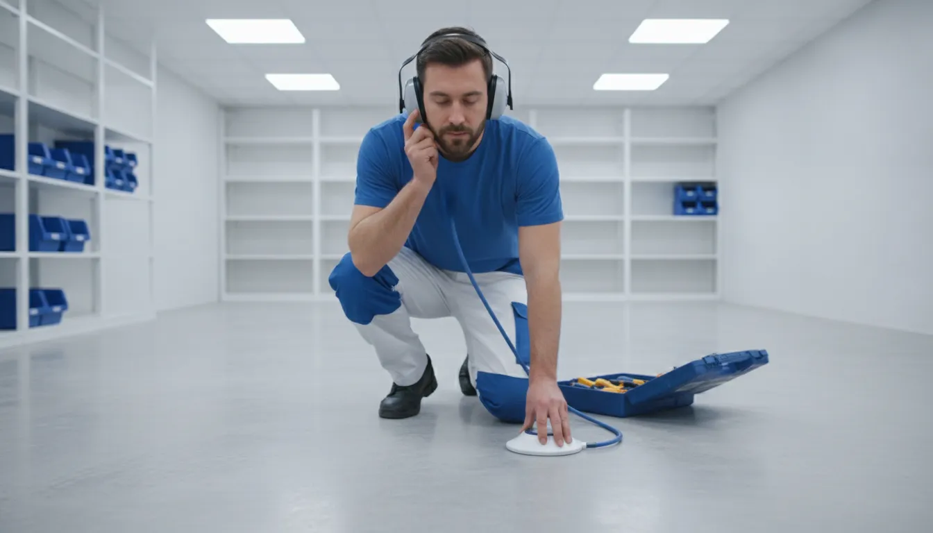 Professional plumber using acoustic leak detection equipment to find signs of hidden water leak Detroit homeowners rely on Mr. Pipey to locate
