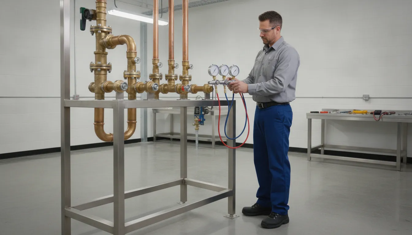 Commercial plumber performing backflow testing in a Metro Detroit mechanical room