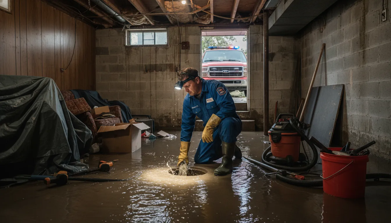 Plumber inspecting a basement drain and sump pump in a Metro Detroit home