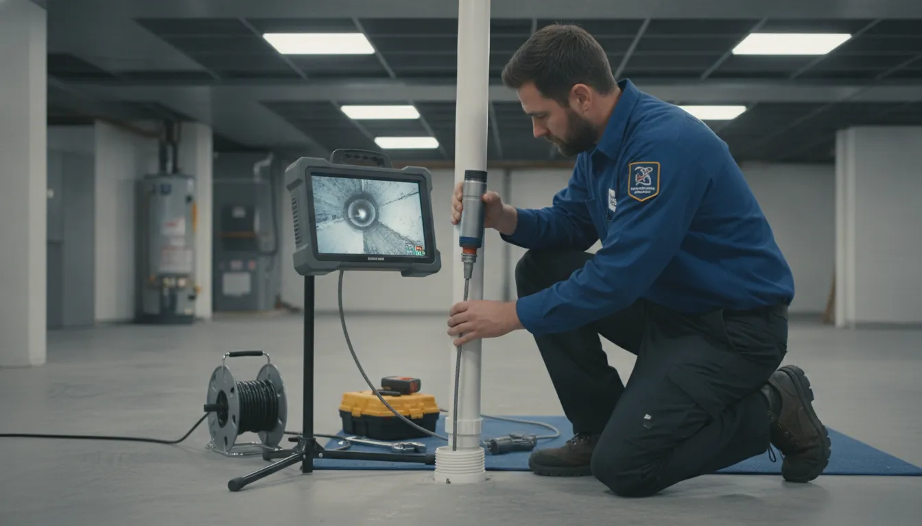 Professional plumber using a sewer camera to inspect pipes for tree root blockages
