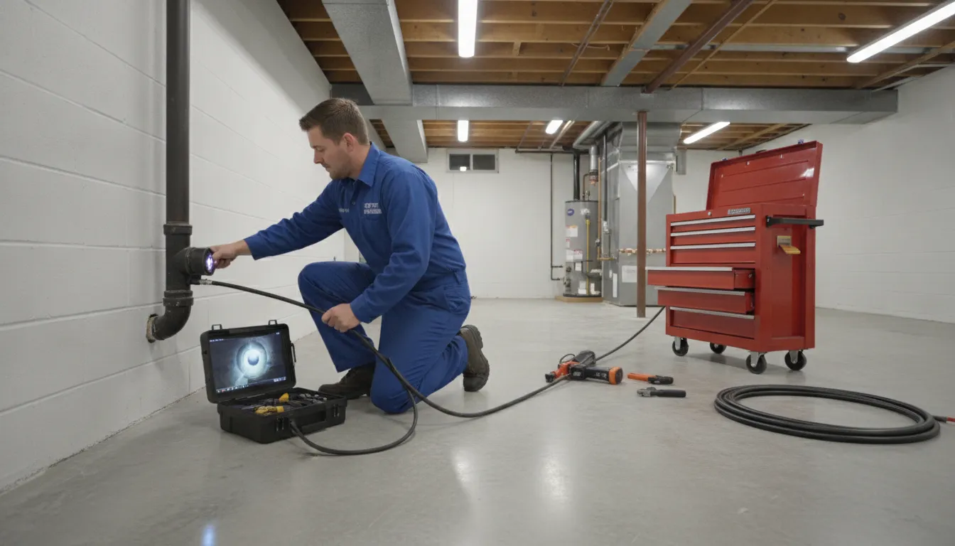 Professional plumber inspecting a residential sewer line with a camera system in a Detroit basement