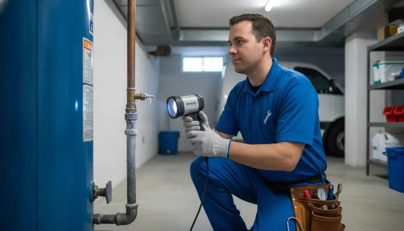 Mr. Pipey technician using professional equipment to inspect a vulnerable water pipe