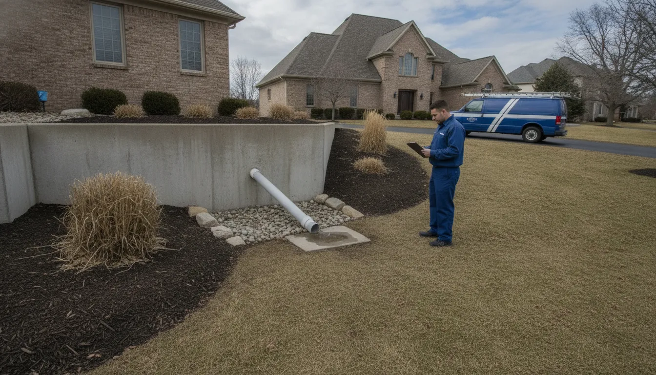 Sump pump discharge line directed away from a Troy foundation