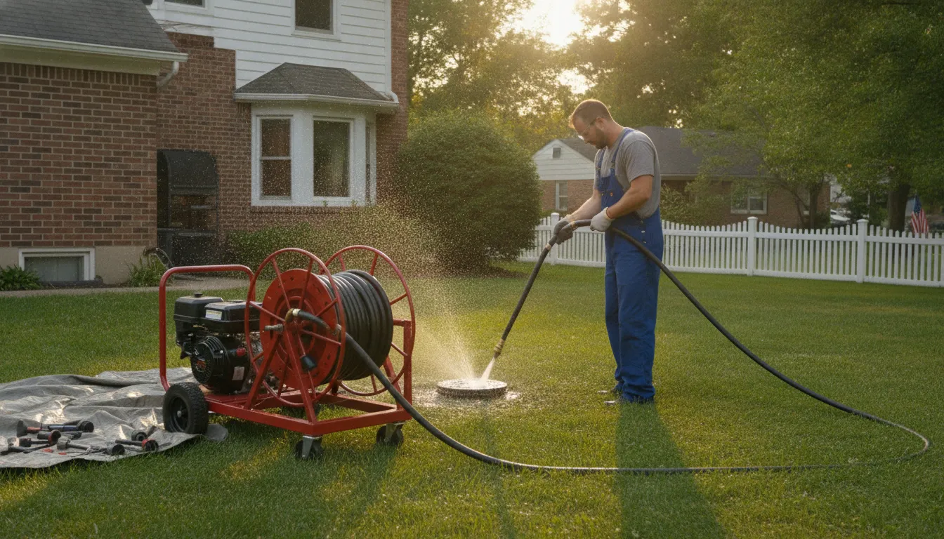 Plumber operating sewer jetting services equipment at a residential cleanout