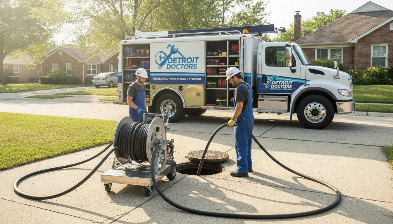 Professional hydro jetting equipment on a residential driveway in Detroit ready for sewer line cleaning