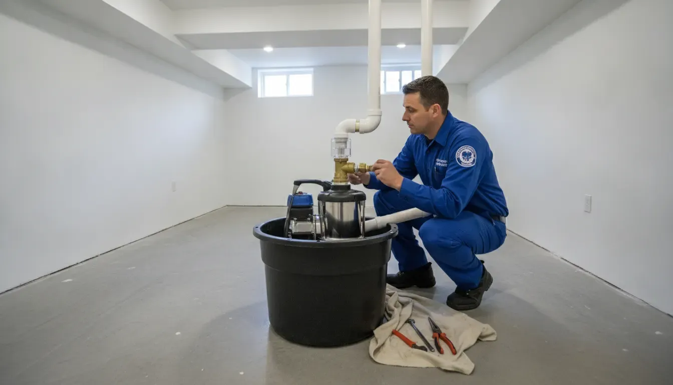 Licensed plumber evaluating sump pump equipment in a Birmingham basement