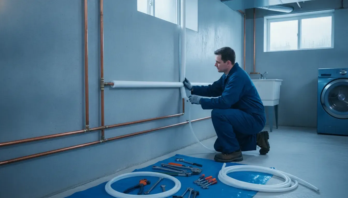 Professional plumber inspecting pipe insulation along an exterior basement wall in Allen Park