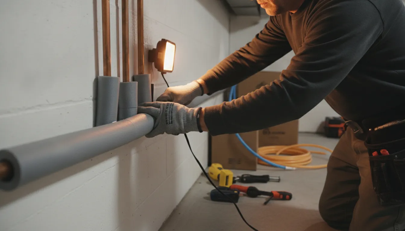 Plumber insulating exposed pipes to prevent frozen pipes during a Detroit winter