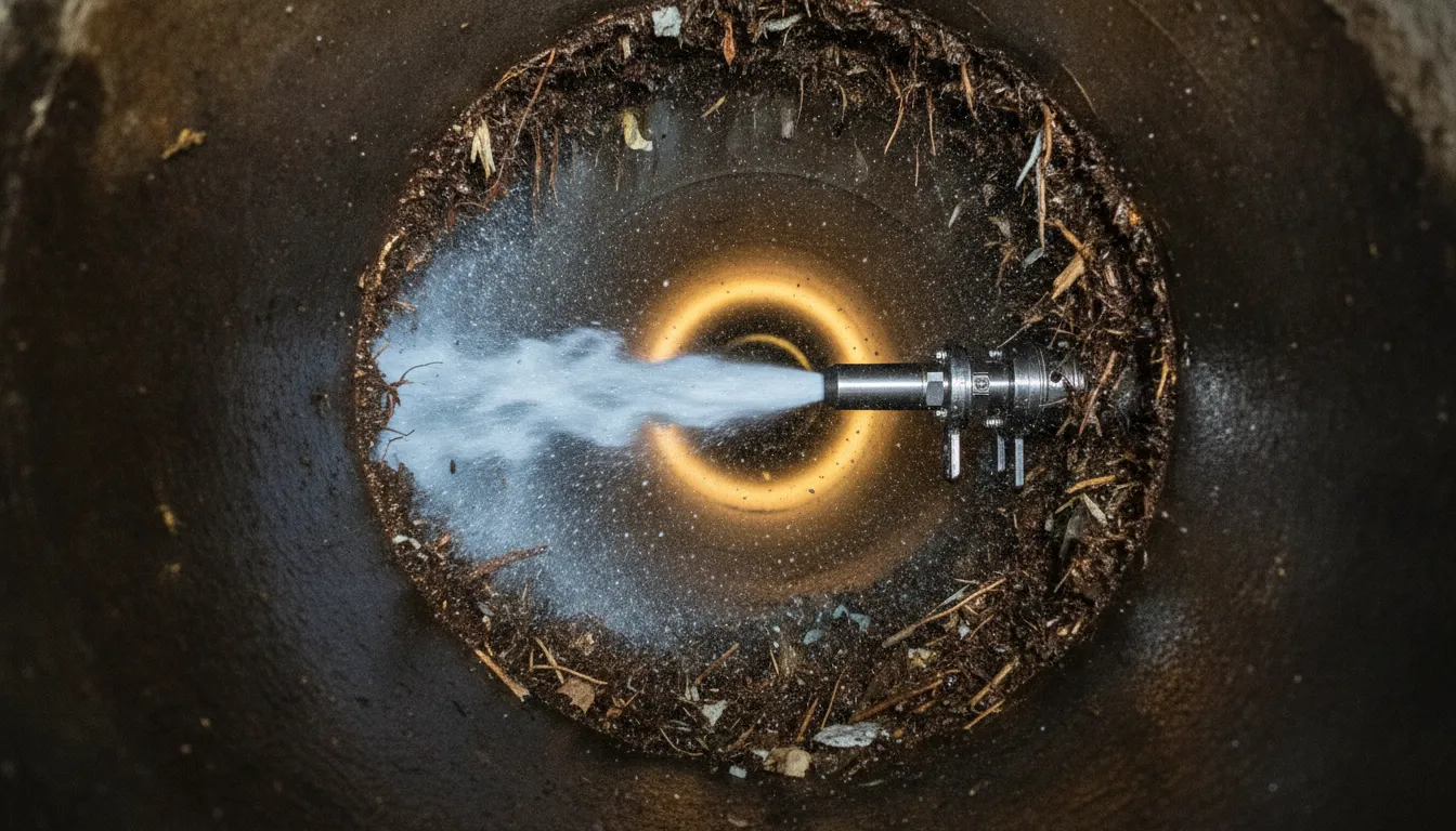 High-pressure water jetting inside a sewer pipe clearing tree root blockages