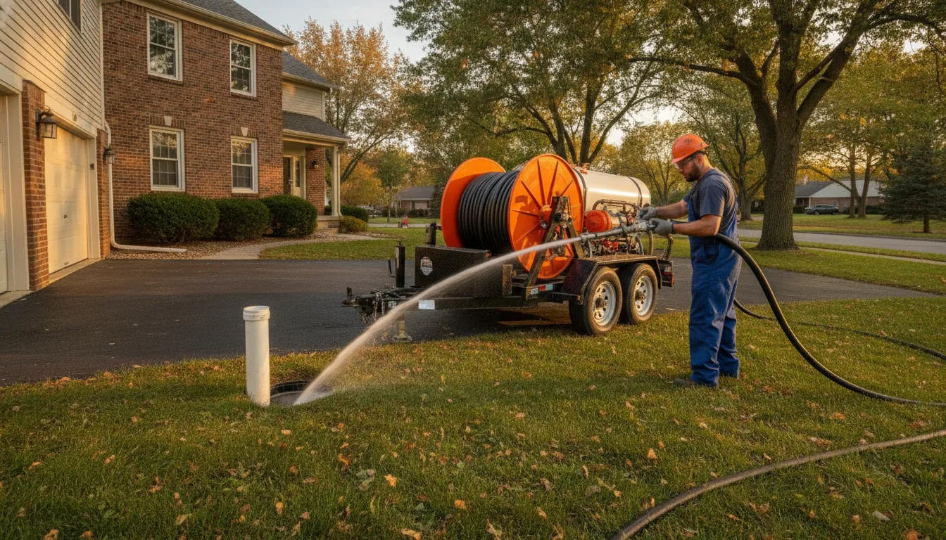 Technician performing sewer jetting services with high-pressure cleaning equipment