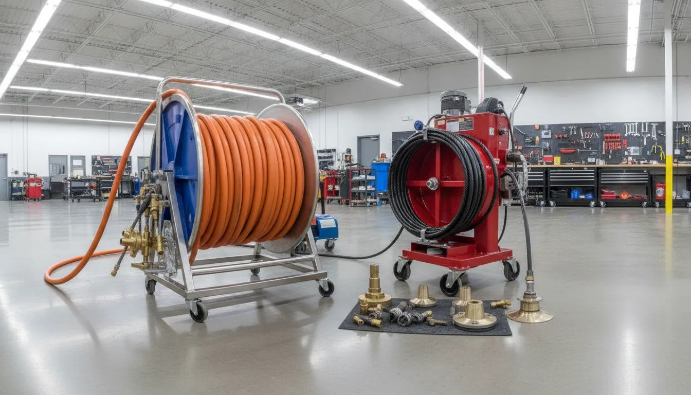 Sewer jetting services hose reel beside a professional drain snaking machine