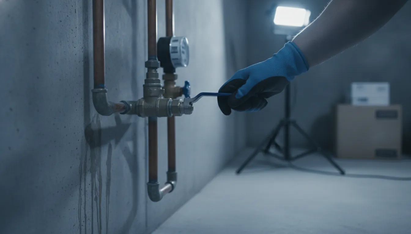 A hand reaching toward a home main water shutoff valve in a basement, showing the critical first step in any emergency plumbing guide
