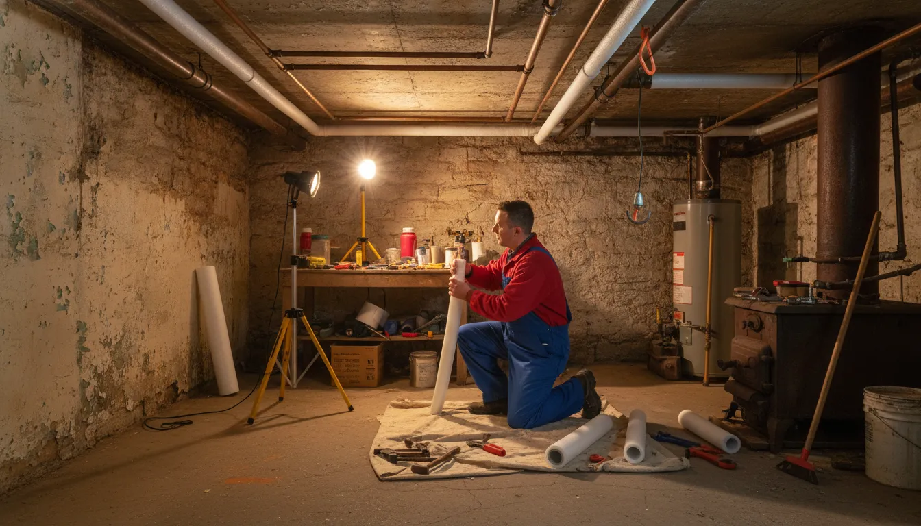Plumber installing pipe insulation in an older Detroit home basement